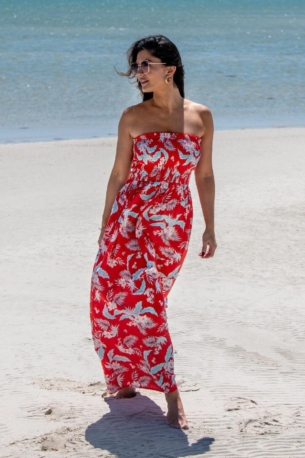 pour moi Strapless Shirred Bodice Maxi Beach Dress - Red Tropical