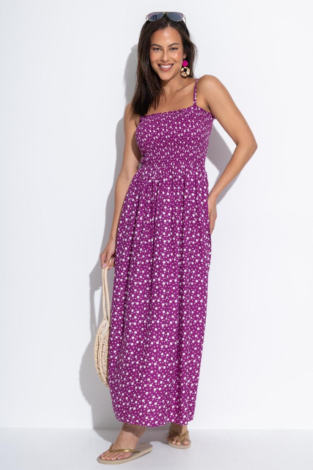 Pour Moi Strapless Shirred Bodice Maxi Beach Dress - Violet/White