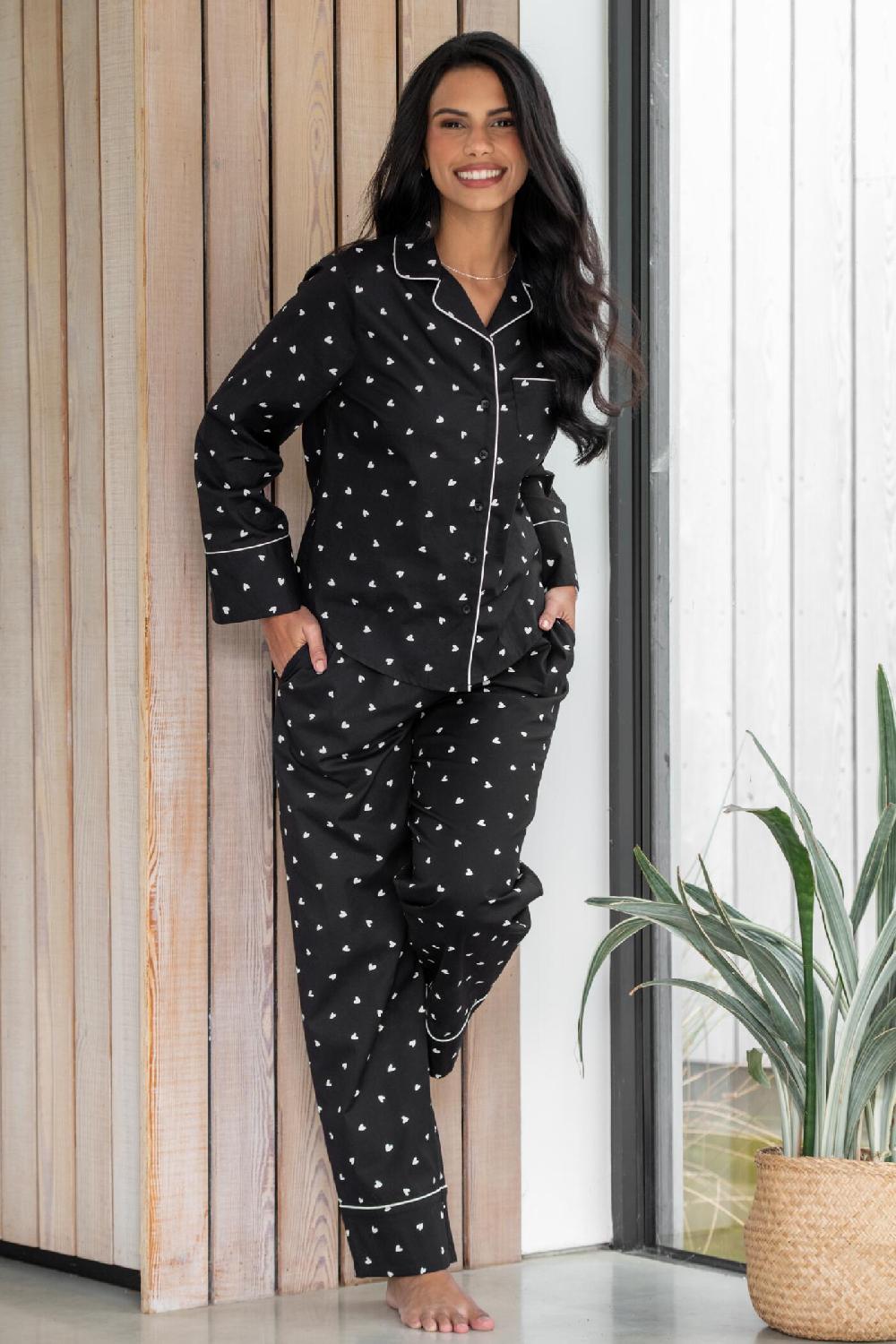 Pour Moi Stretch Cotton Button Through Revere Collar Pyjama Set - Black/White