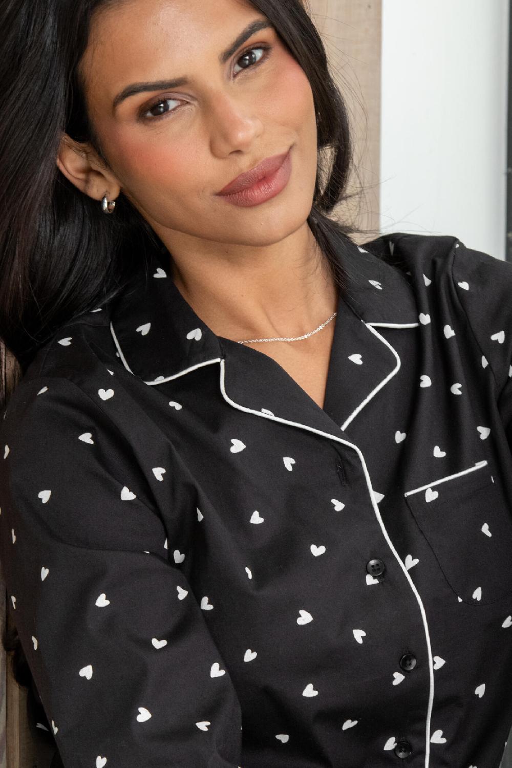 Pour Moi Stretch Cotton Button Through Revere Collar Pyjama Set - Black/White