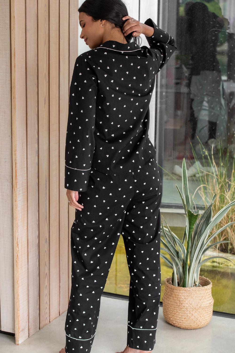 Pour Moi Stretch Cotton Button Through Revere Collar Pyjama Set - Black/White