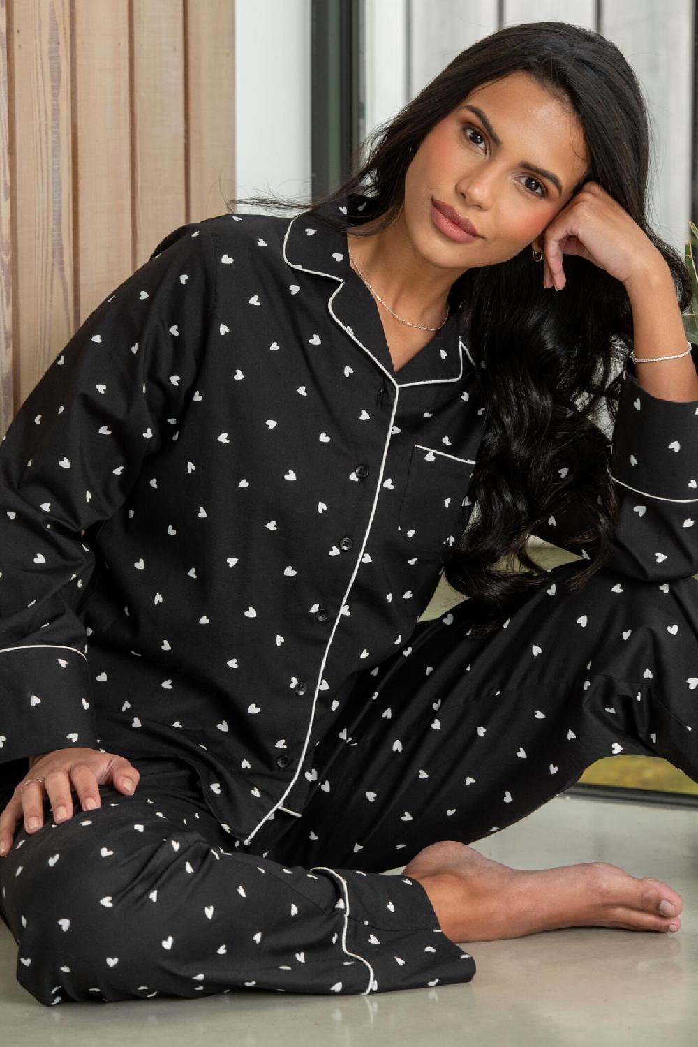 pour moi Stretch Cotton Button Through Revere Collar Pyjama Set - Black/White