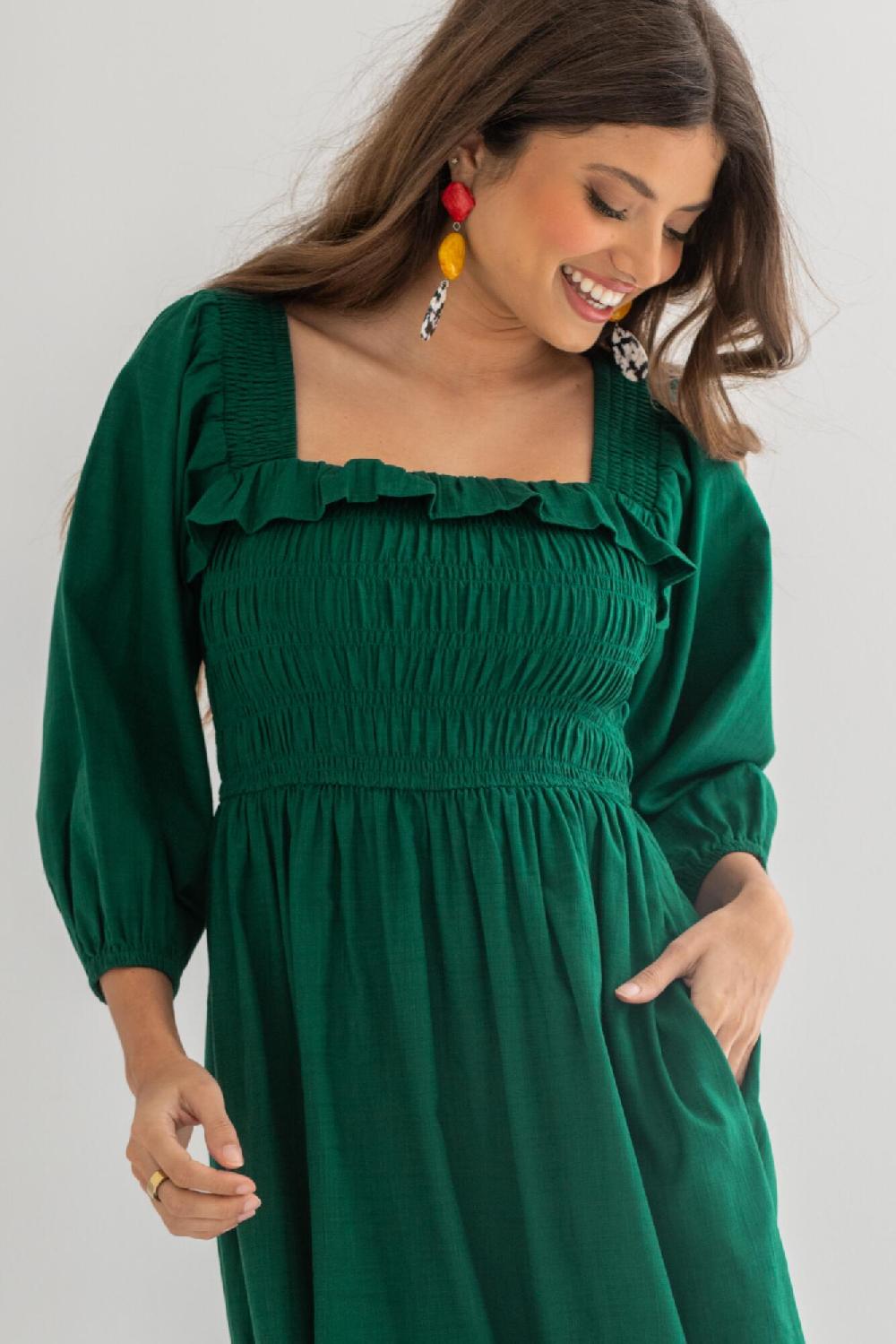 Pour Moi Textured Woven Frill Detail Midi Dress - Forest