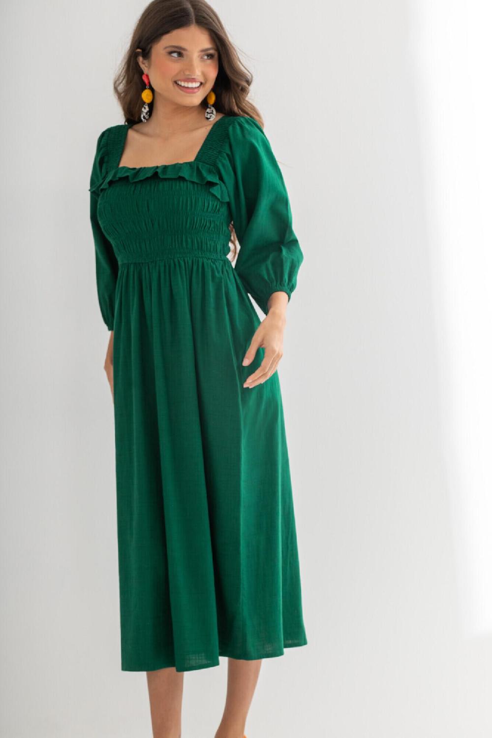 Pour Moi Textured Woven Frill Detail Midi Dress - Forest