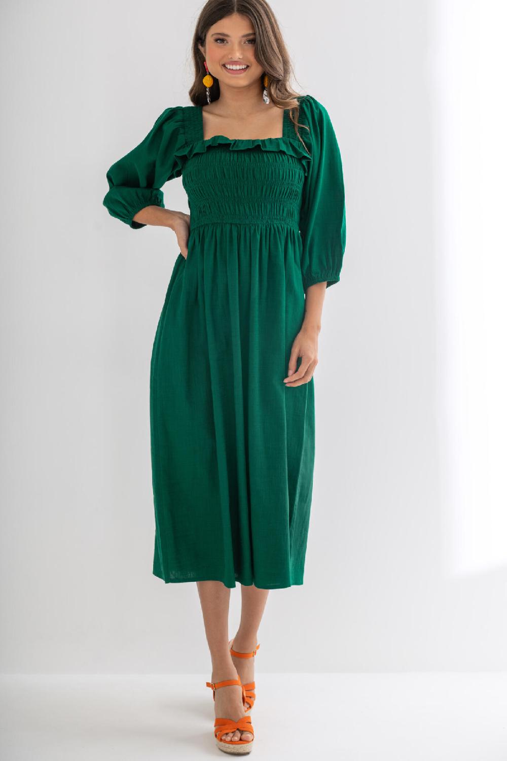 pour moi Textured Woven Frill Detail Midi Dress - Forest