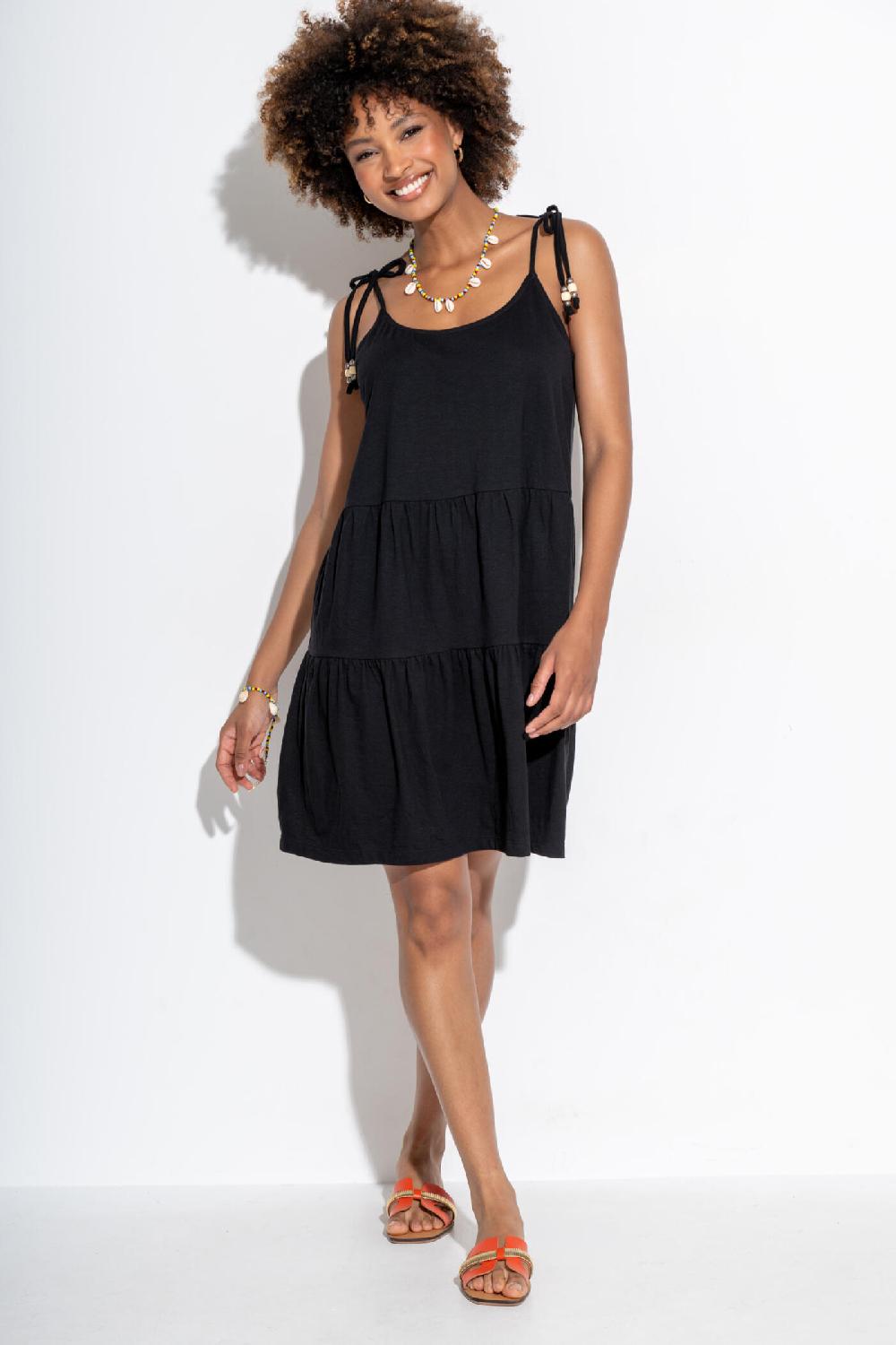 Pour Moi Tie Shoulder Tiered Cotton Slub Jersey Short Dress - Black