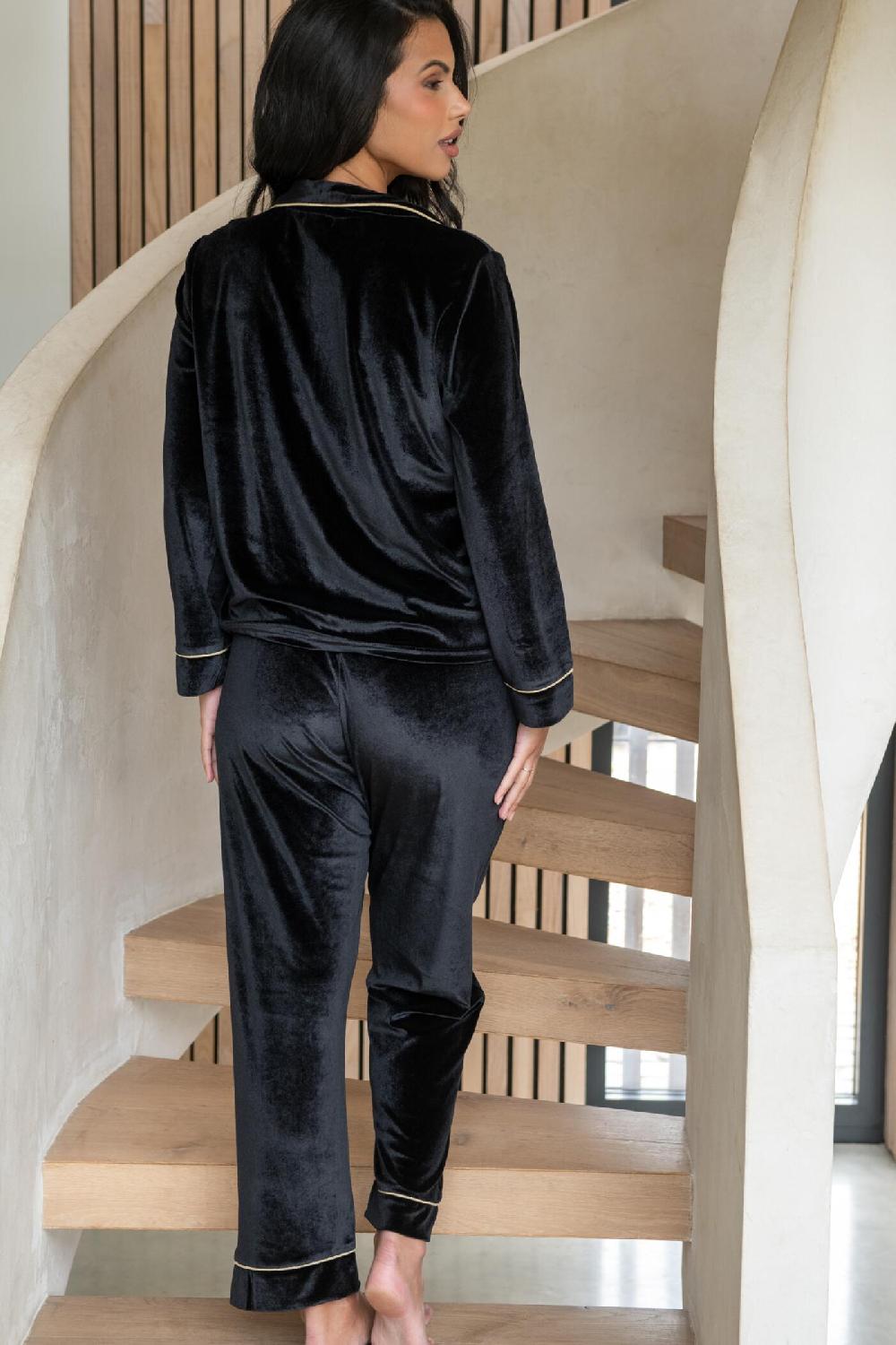 Pour Moi Velour Contrast Trim Pyjama Set - Black/Champagne