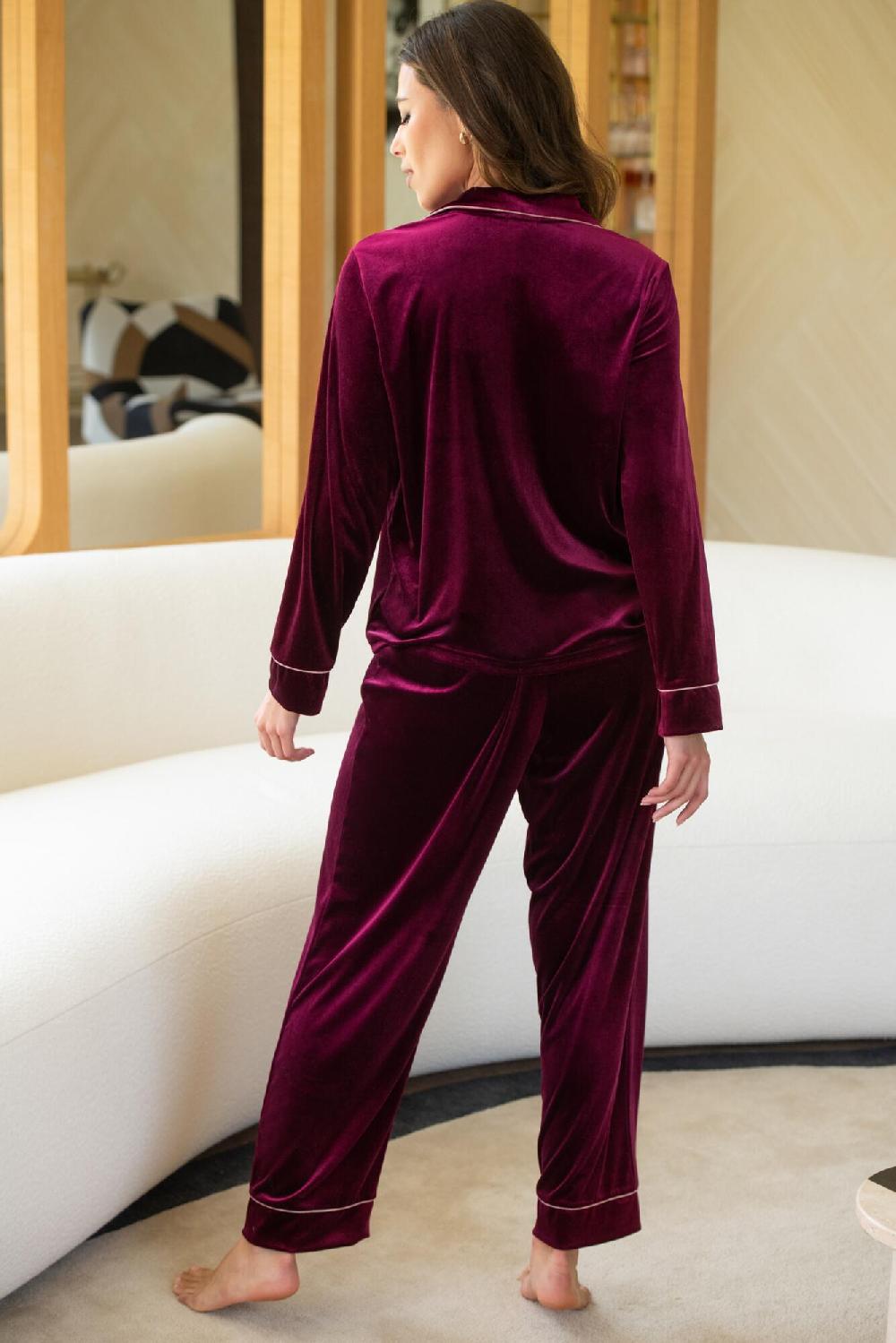 Pour Moi Velour Contrast Trim Pyjama Set - Pomegranate