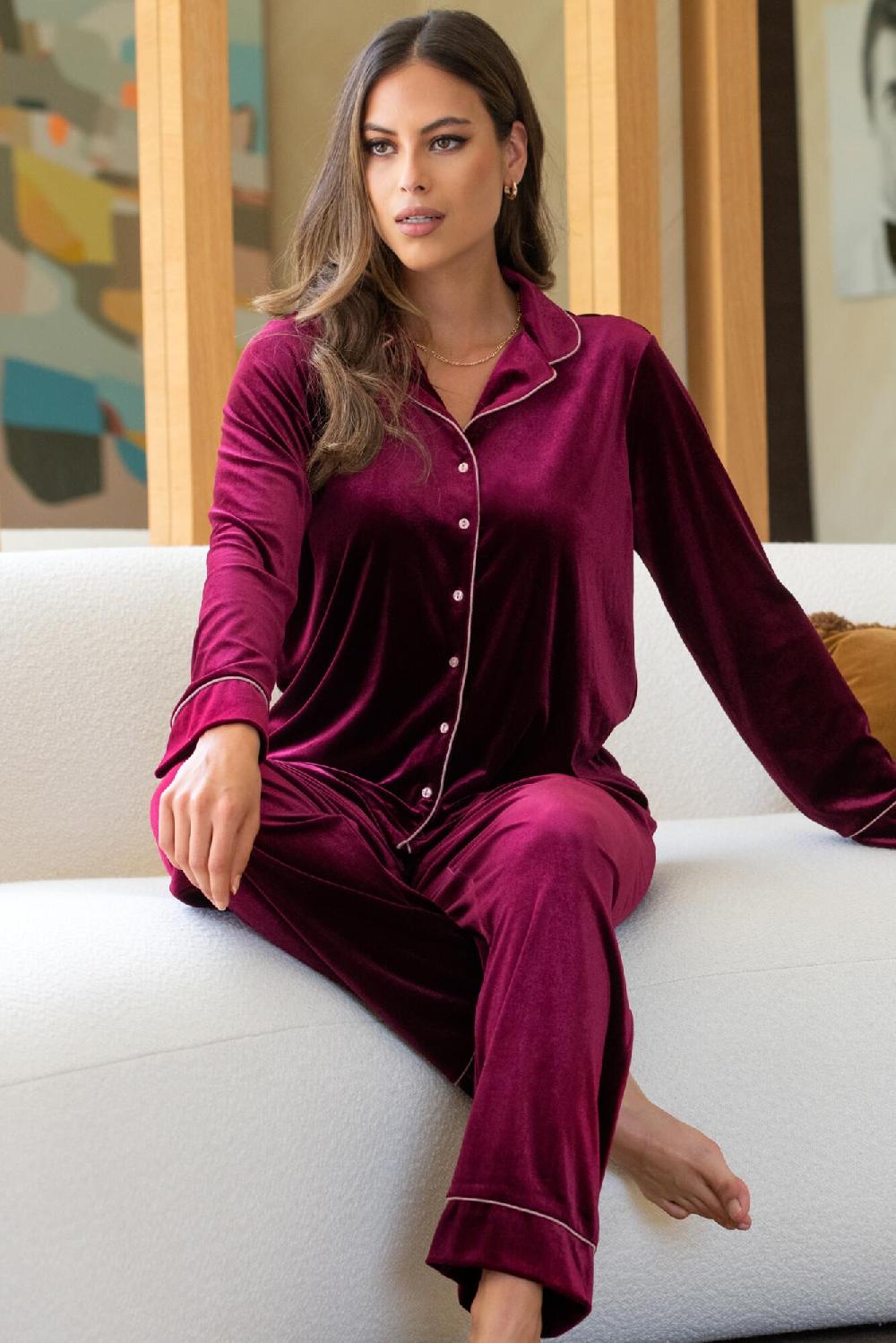 pour moi Velour Contrast Trim Pyjama Set - Pomegranate