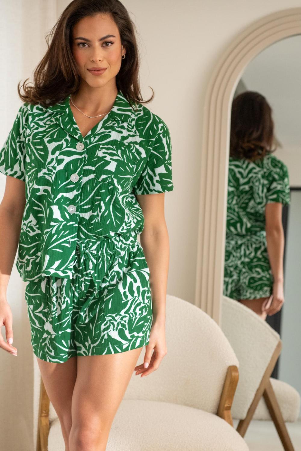 Pour Moi Woven Double Cloth Revere Collar Shirt And Short Pyjama Set - Green/White