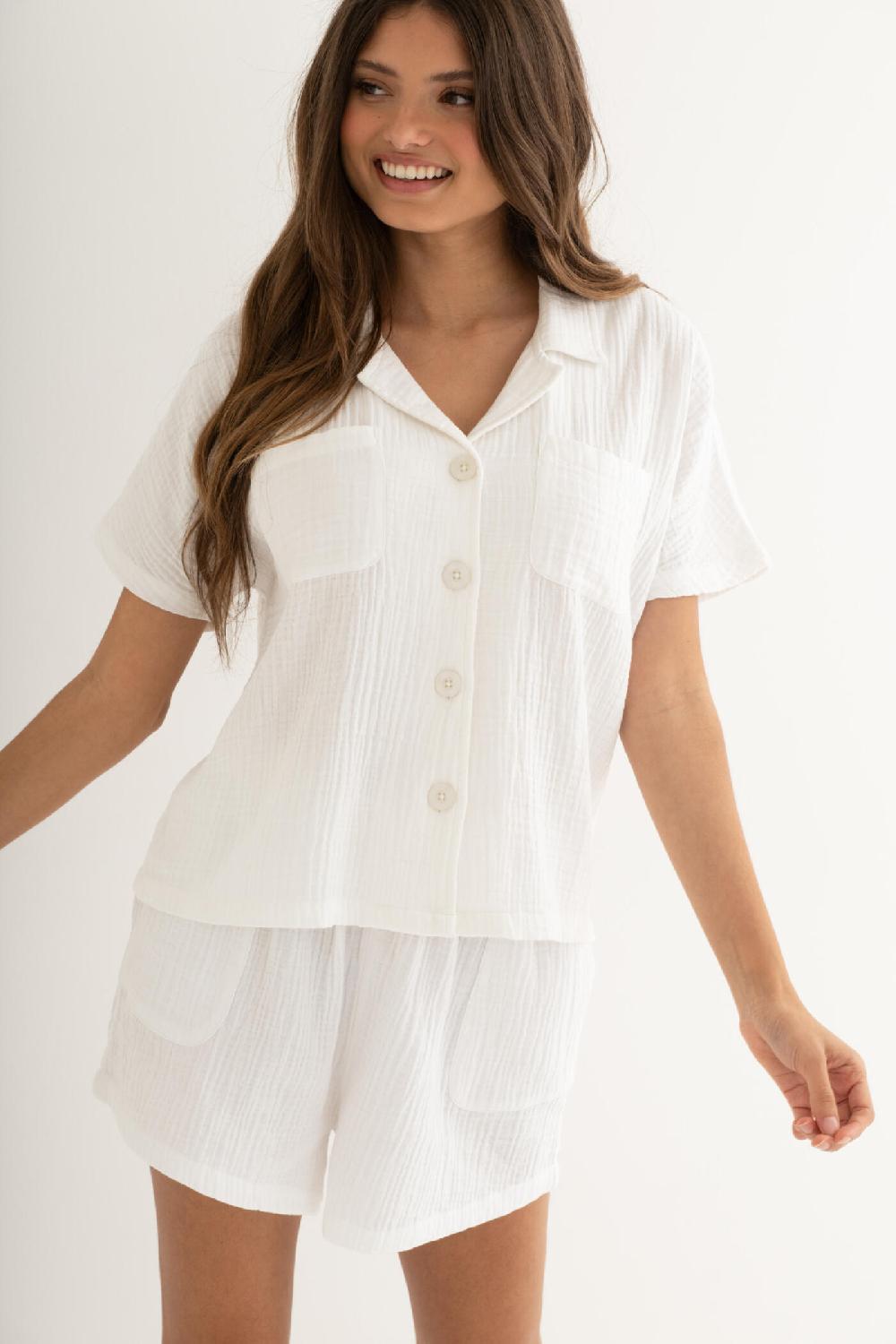 pour moi Woven Double Cloth Revere Collar Shirt and Short Pyjama Set - White