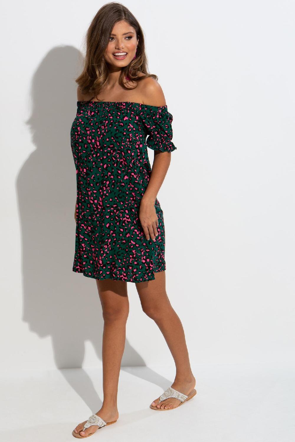 Pour Moi Woven Puff Sleeve Belted Bardot Dress - Forest/Pink Leopard