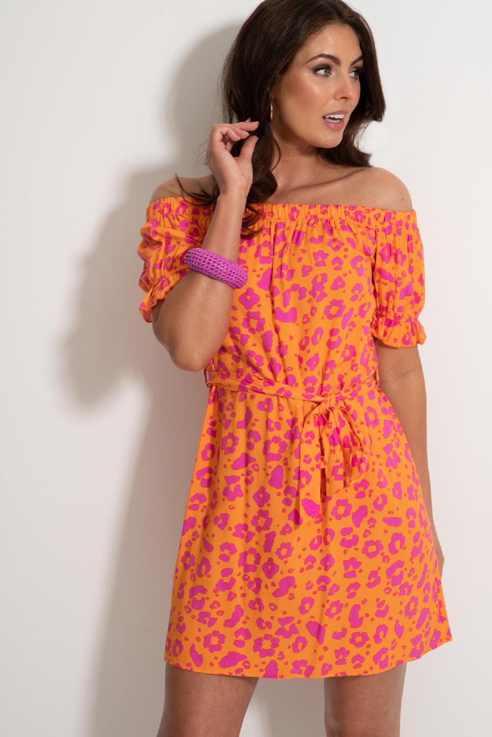 Pour Moi Woven Puff Sleeve Belted Bardot Dress - Orange/Pink