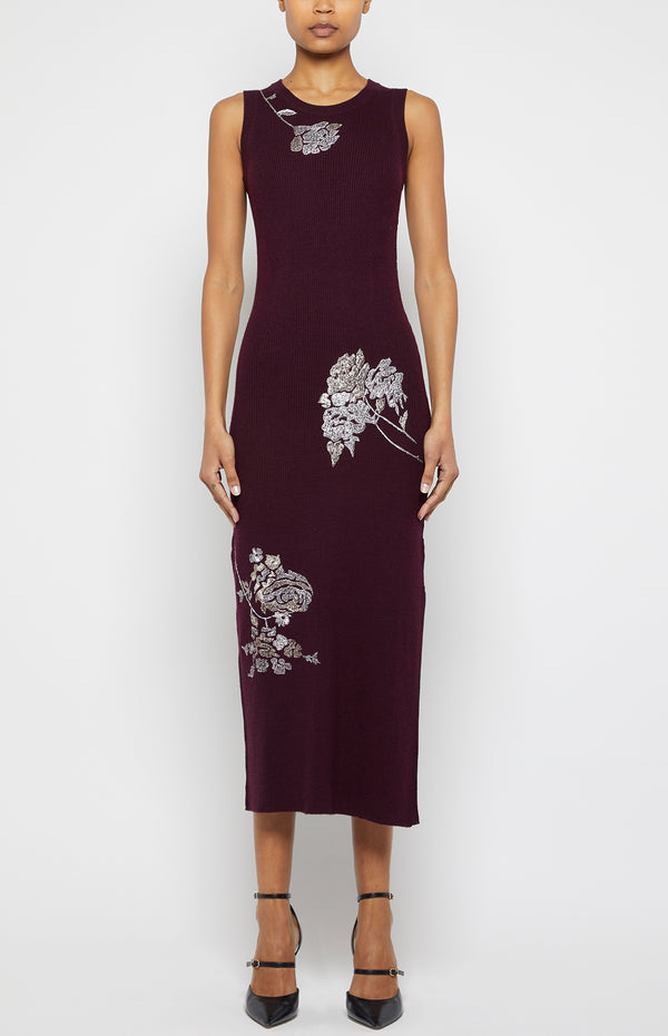 prabal gurung EMBROIDERED RIBBED TUBINO DRESS GRAPE WINE/GUNMETAL