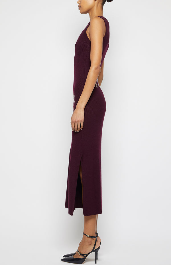 Prabal Gurung EMBROIDERED RIBBED TUBINO DRESS GRAPE WINE/GUNMETAL