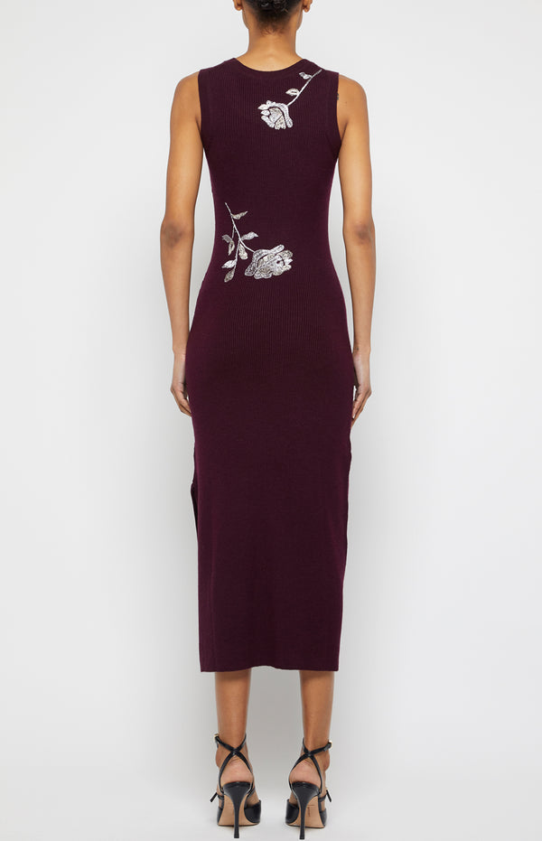 Prabal Gurung EMBROIDERED RIBBED TUBINO DRESS GRAPE WINE/GUNMETAL
