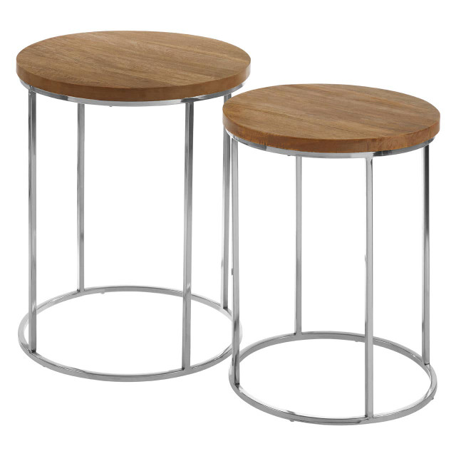 Premier Housewares Agra Set Of 2 Mango Wood Top Round Side Tables