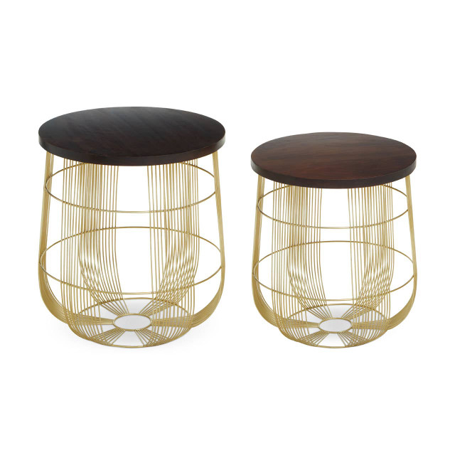premier housewares Agra Set Of 2 Side Tables in Mango Wood and Brass Finish