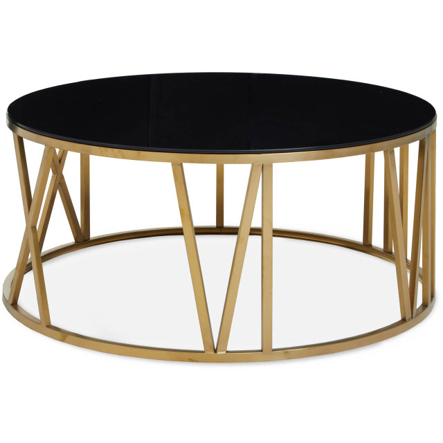 Premier Housewares Alana Round Coffee Table With Gold Frame And Black Glass