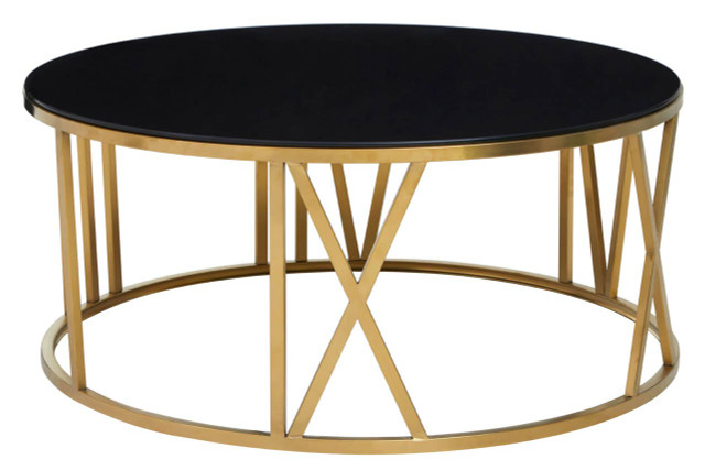 Premier Housewares Alana Round Coffee Table With Gold Frame And Black Glass