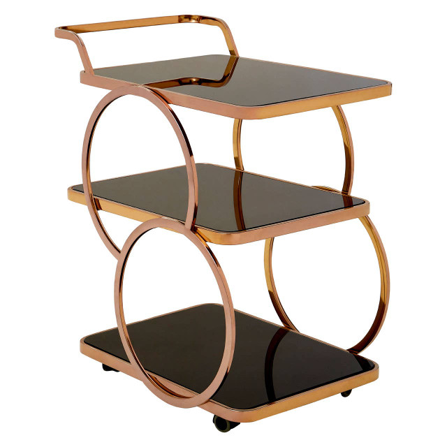 premier housewares Alvaro Black Glass and Rose Gold Drinks Trolley
