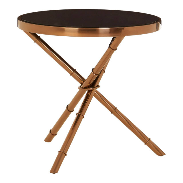 Premier Housewares Alvaro Round Side Table With Rose Gold Legs And Black Glass Top