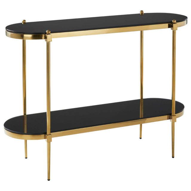 Premier Housewares Arezzo 2 Tier Gold Console Table With Black Tempered Glass