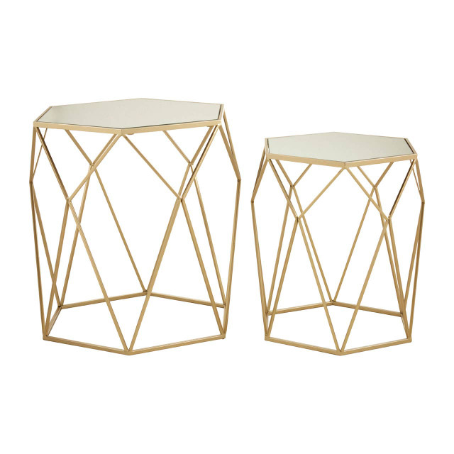 Premier Housewares Avantis Set Of 2 Hexagonal Mirrored Top Side Tables