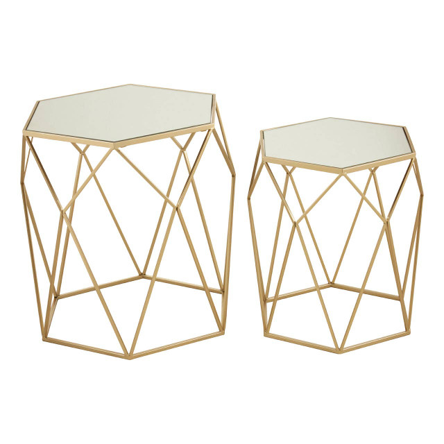 Premier Housewares Avantis Set Of 2 Hexagonal Mirrored Top Side Tables