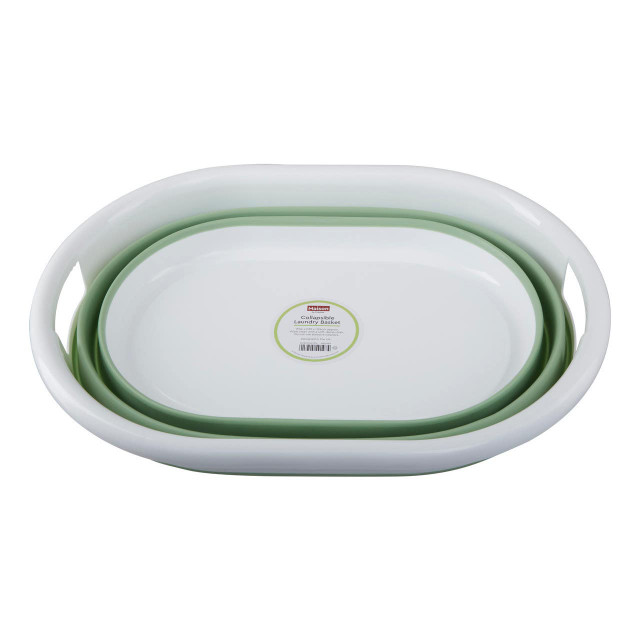 premier housewares Averill Oval Collapsible Laundry Basket in Green and White
