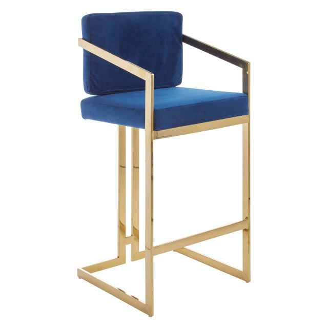Premier Housewares Azalea Blue Velvet Bar Stool With Gold Frame