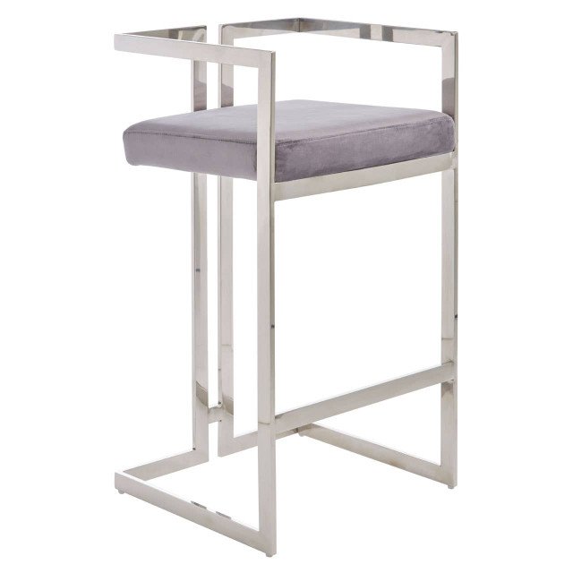 Premier Housewares Azalea Grey Velvet Bar Stool With Stainless Steel Frame