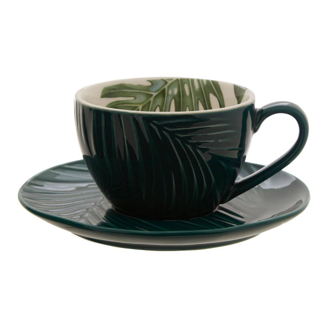 Premier Housewares Bali Dark Green Cup And Saucer With Leaf Design