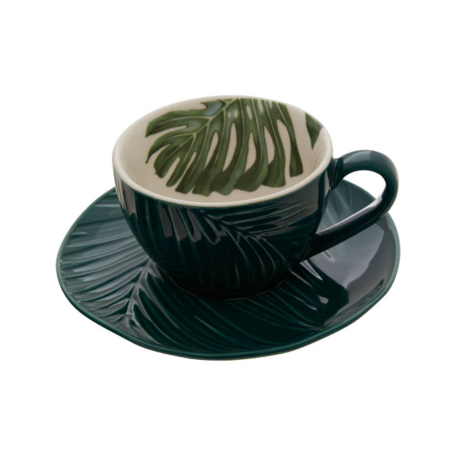 Premier Housewares Bali Dark Green Cup And Saucer With Leaf Design