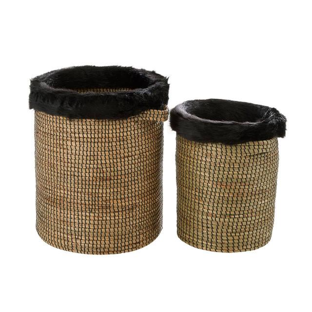 Premier Housewares Bora Set Of 2 Seagrass Baskets With Faux Fur Trim