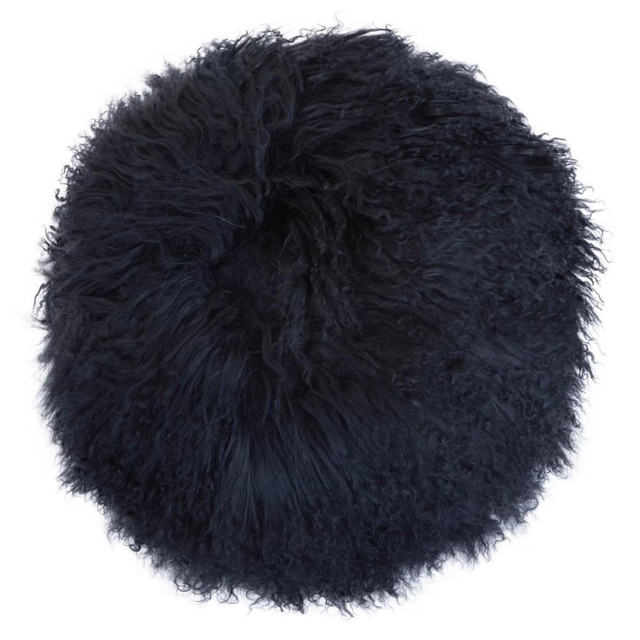 Premier Housewares Bosie Real Mongolian Fur Black Round Cushion