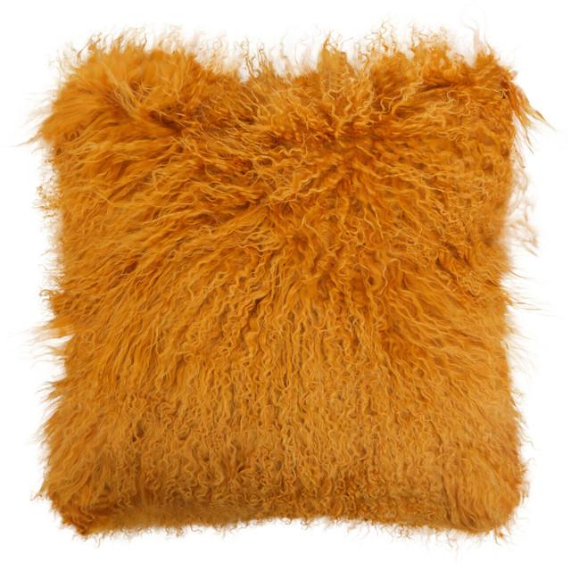 Premier Housewares Bosie Real Mongolian Fur Ochre Square Cushion