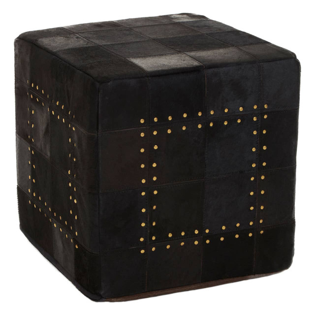 Premier Housewares Bosie Safira Black Patchwork Leather Pouffe With Gold Studs