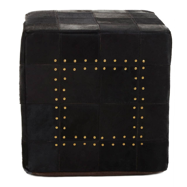 Premier Housewares Bosie Safira Black Patchwork Leather Pouffe With Gold Studs