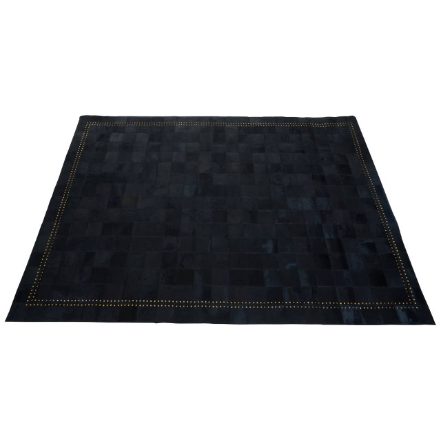 Premier Housewares Bosie Safira Large Black Hair On Leather Patchwork Rug With Gold Studs