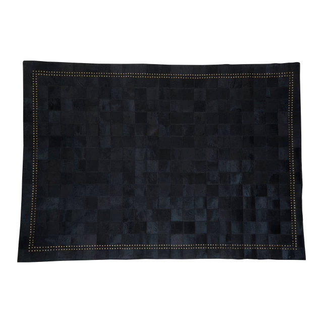 premier housewares Bosie Safira Large Black Hair on Leather Patchwork Rug With Gold Studs