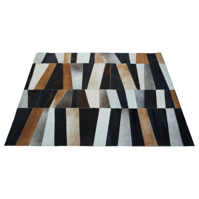 Premier Housewares Bosie Safira Large Geometric Striped Hair On Leather Patchwork Rug