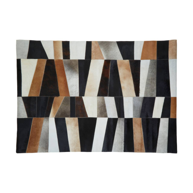 premier housewares Bosie Safira Large Geometric Striped Hair on Leather Patchwork Rug