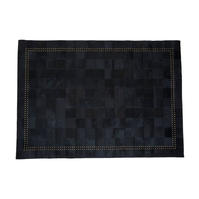 Premier Housewares Bosie Safira Small Black Hair On Leather Patchwork Rug With Gold Studs