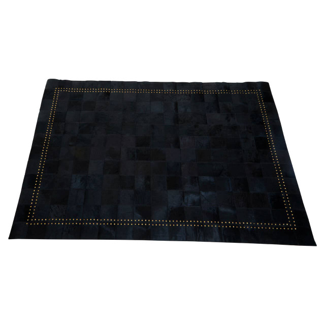 Premier Housewares Bosie Safira Small Black Hair On Leather Patchwork Rug With Gold Studs