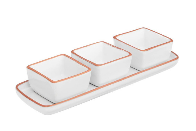 Premier Housewares Calisto Terracotta Set Of 3 Dip Bowls With Tray In White