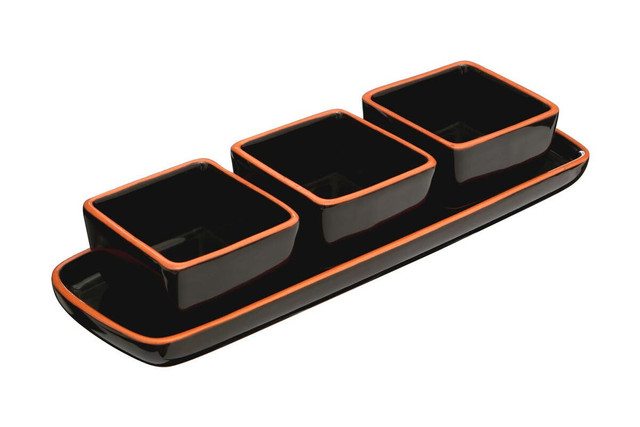 Premier Housewares Calisto Terracotta Set Of 3 Dip Bowls With Tray In Black