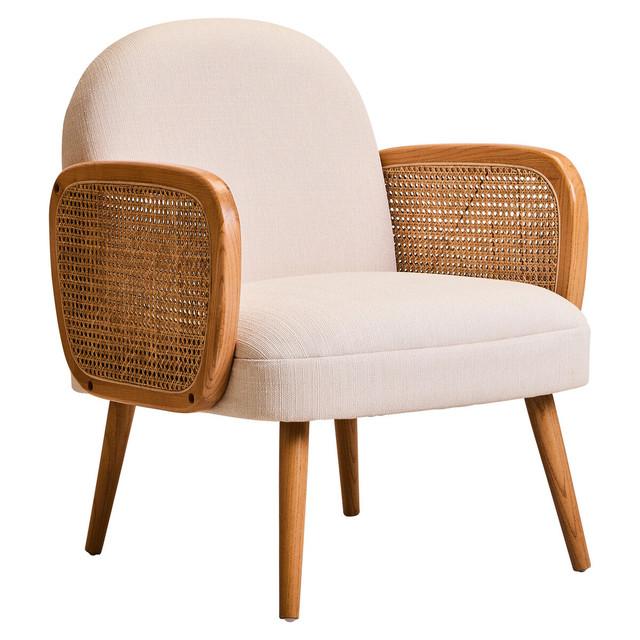 Premier Housewares Cebu Ivory Fabric And Cane Chair With Elm Wood Legs