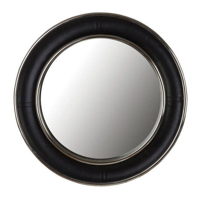 Premier Housewares Churchill Black Genuine Leather Wide Rim Wall Mirror