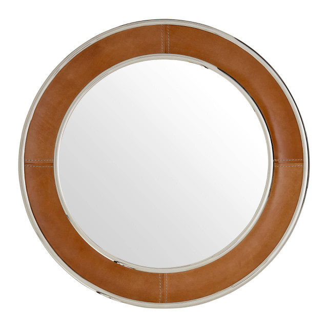 premier housewares Churchill Tan Genuine Leather Round Wall Mirror